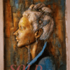 Handsculpted clay portrait, acrylic paint and various materials, 16″x20″. Made by Laura Randall (Laura’s Rusty Corner on FB) Sold at The Connecticut Art Gallery in Thomaston, CT