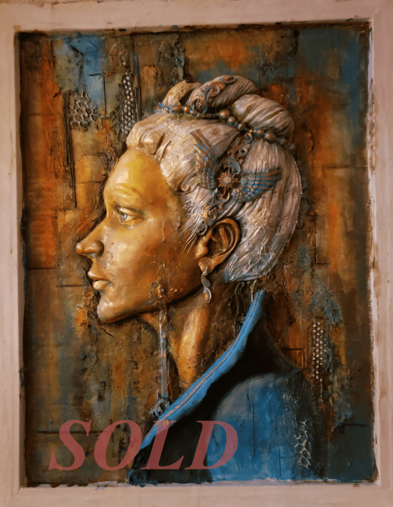 Handsculpted clay portrait, acrylic paint and various materials, 16″x20″. Made by Laura Randall (Laura’s Rusty Corner on FB) Sold at The Connecticut Art Gallery in Thomaston, CT